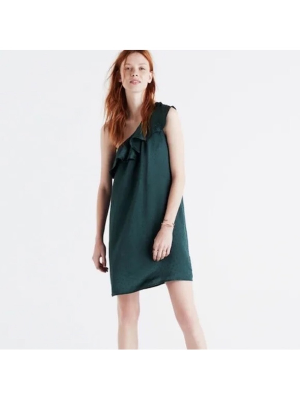 Madewell One-Shoulder Ruffle Shift Dress in Deep Teal Size 10